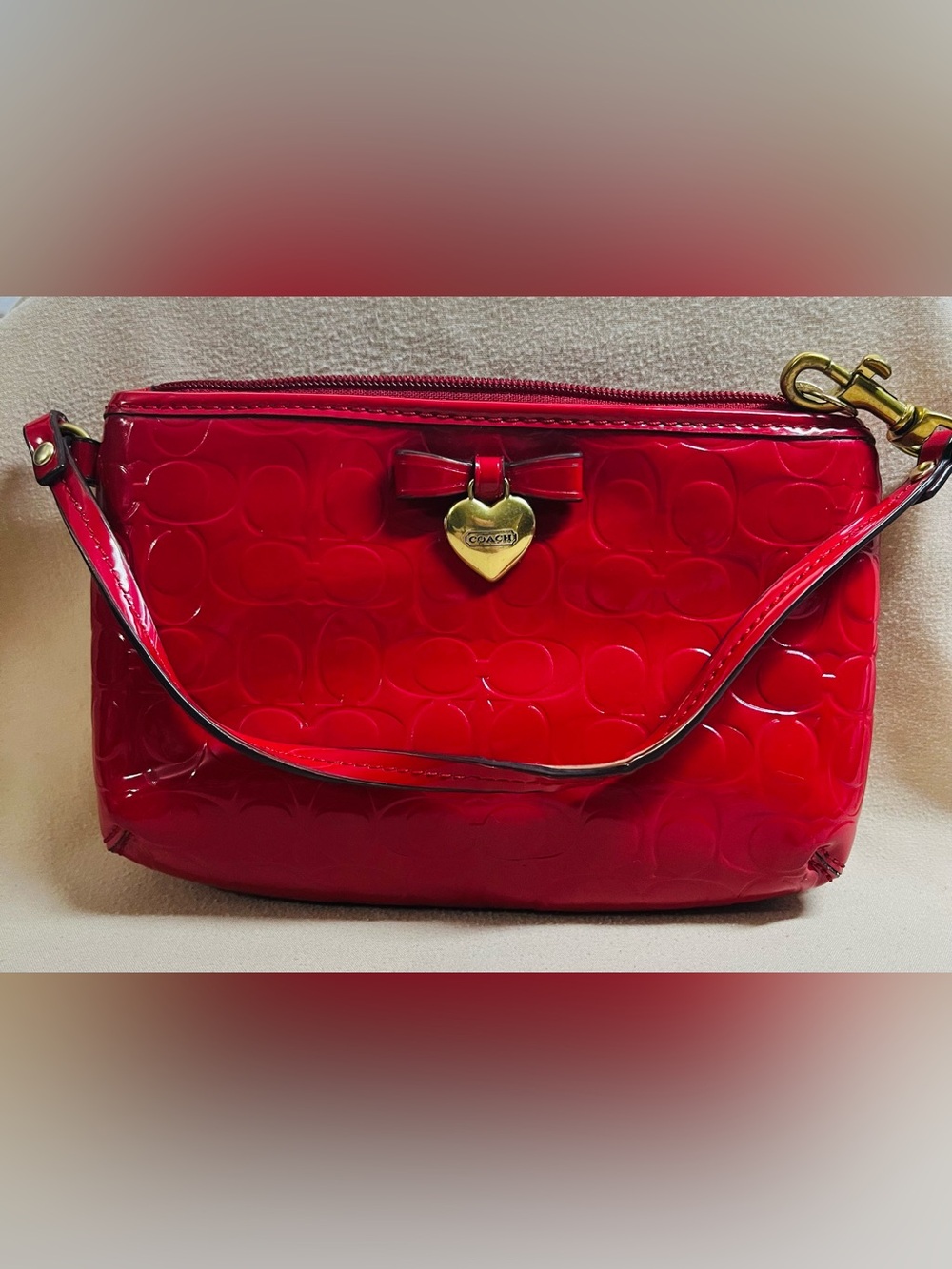 COACH Red Liquid Gloss Embossed Patent Wristlet F49562 with Heart Charm